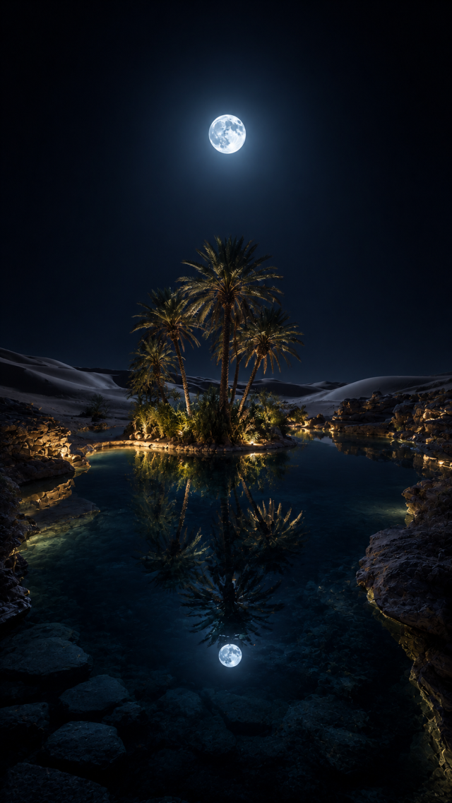 Moonlit Oasis with Palm Trees