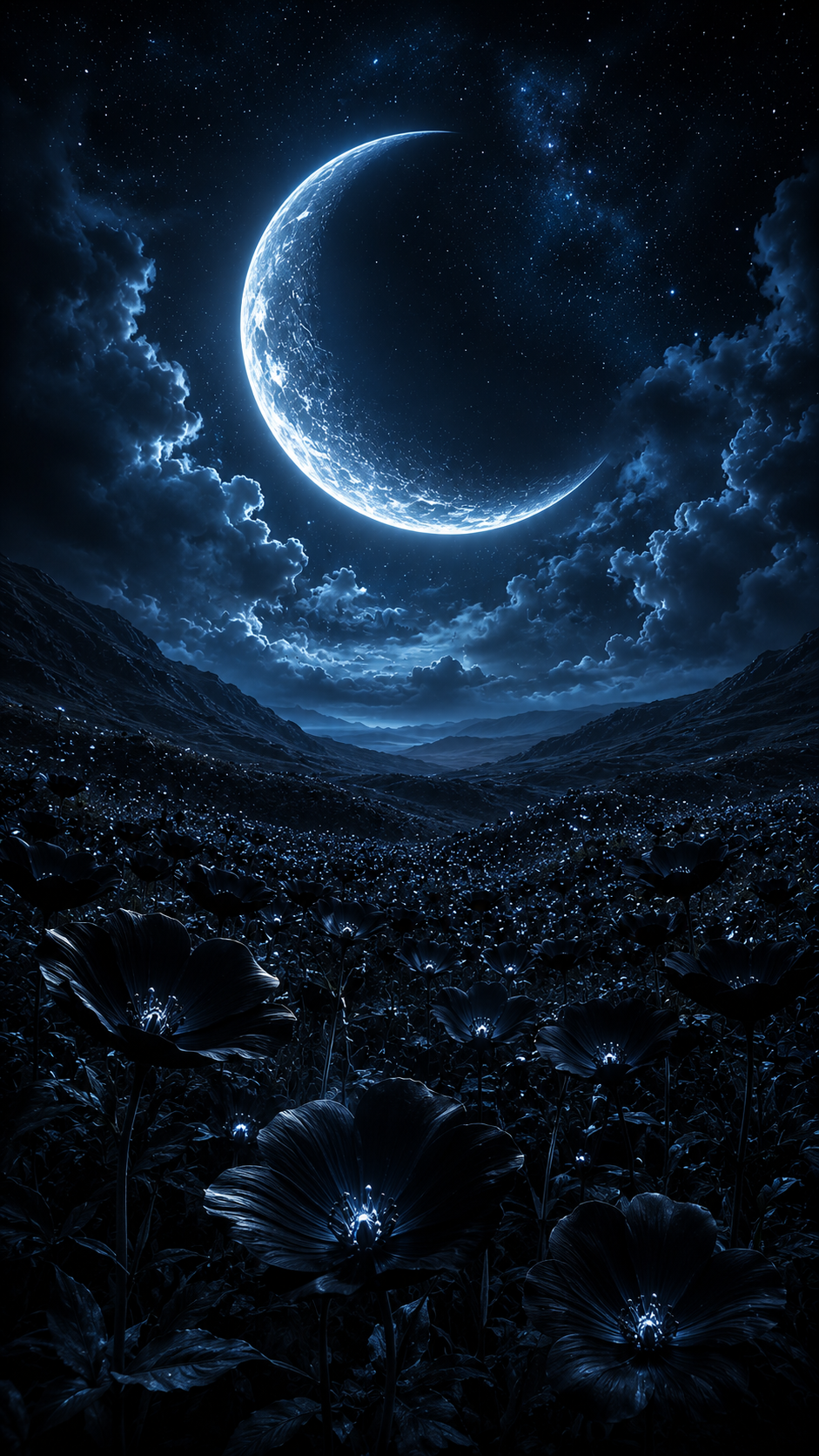 Crescent Moon over a Cloudy Valley