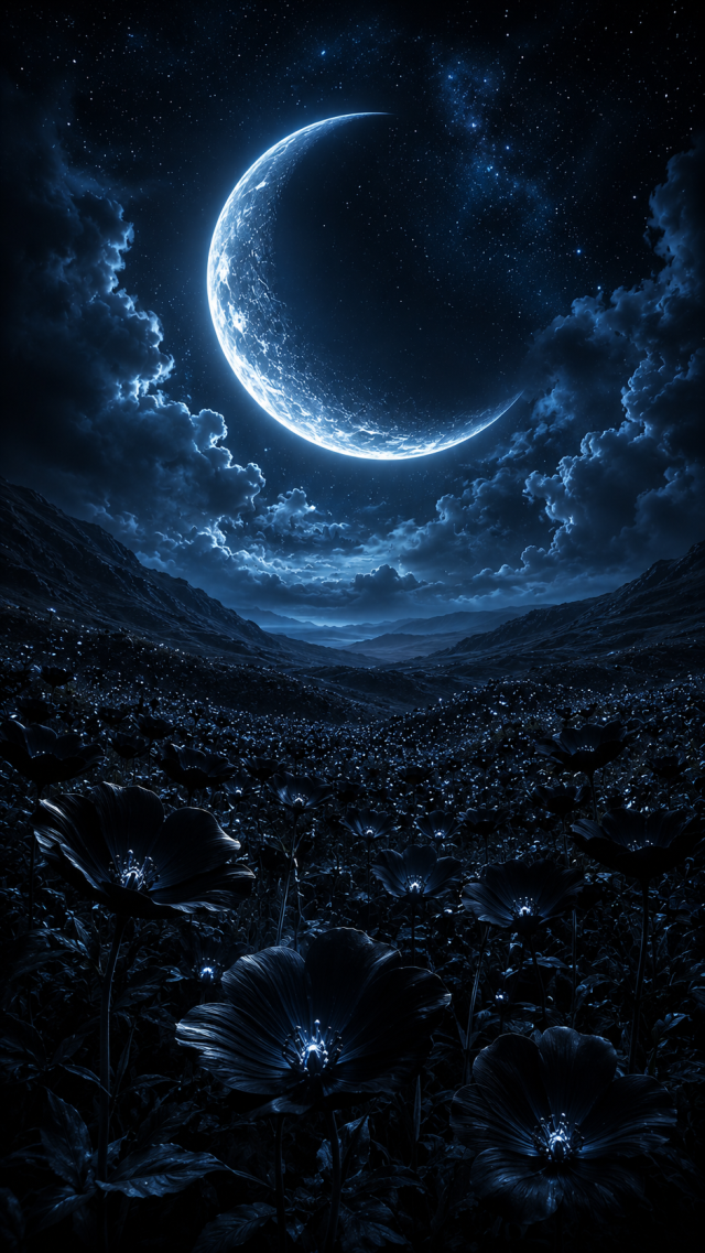 Crescent Moon over a Cloudy Valley