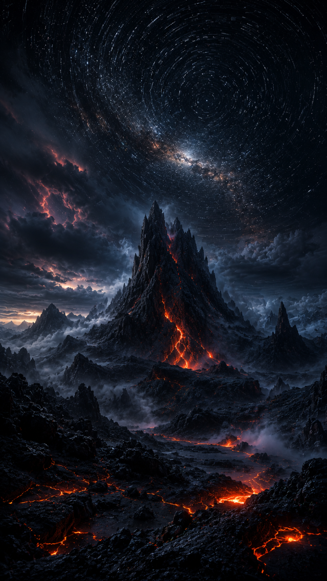 Volcanic Mountain under a Galaxy