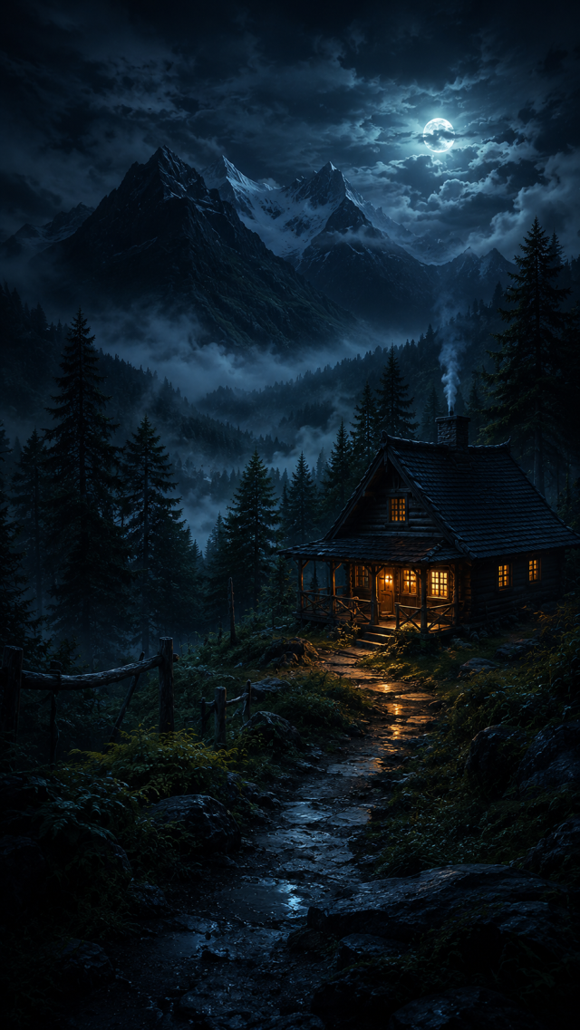 Cabin in Dark Rainy Mountains