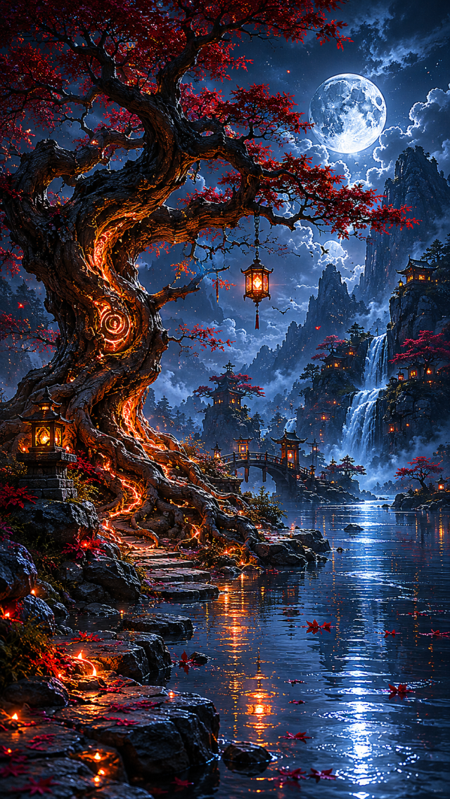 Red Tree by a Moonlit River