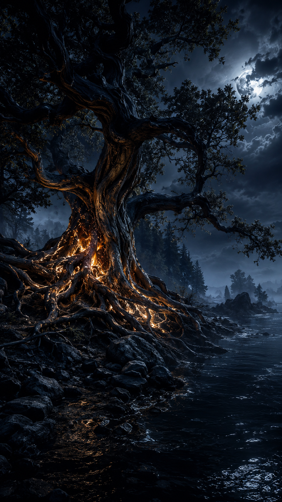 Gnarled Tree Beside Moonlit Water
