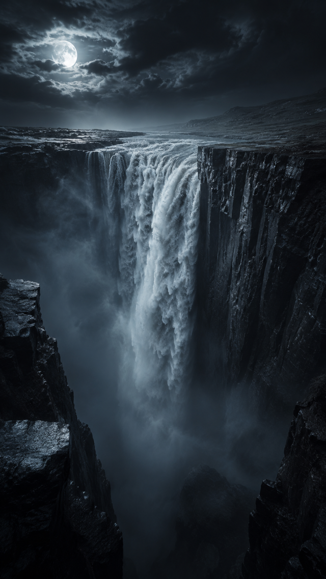 Waterfall Cliff under the Moon