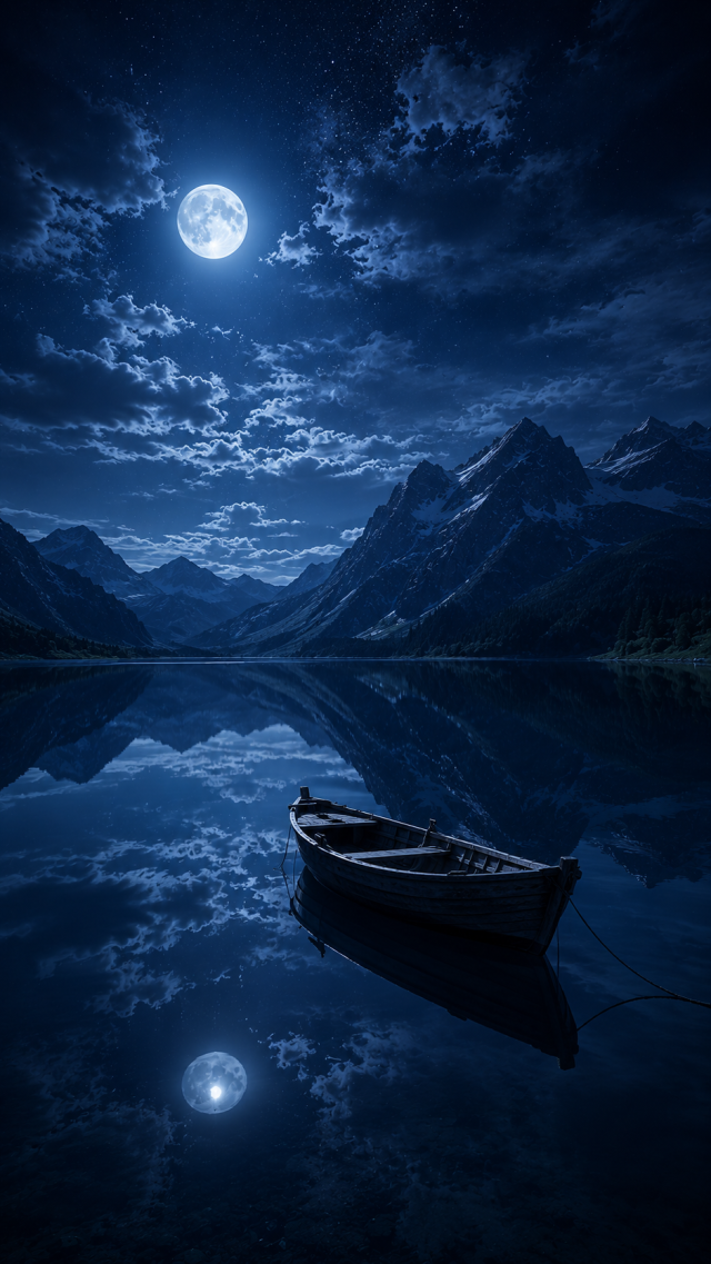 Boat on a Moonlit Lake