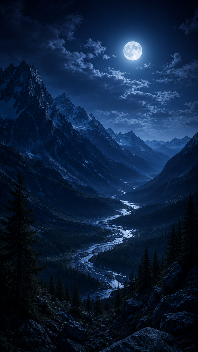 Moonlit Mountain Valley River