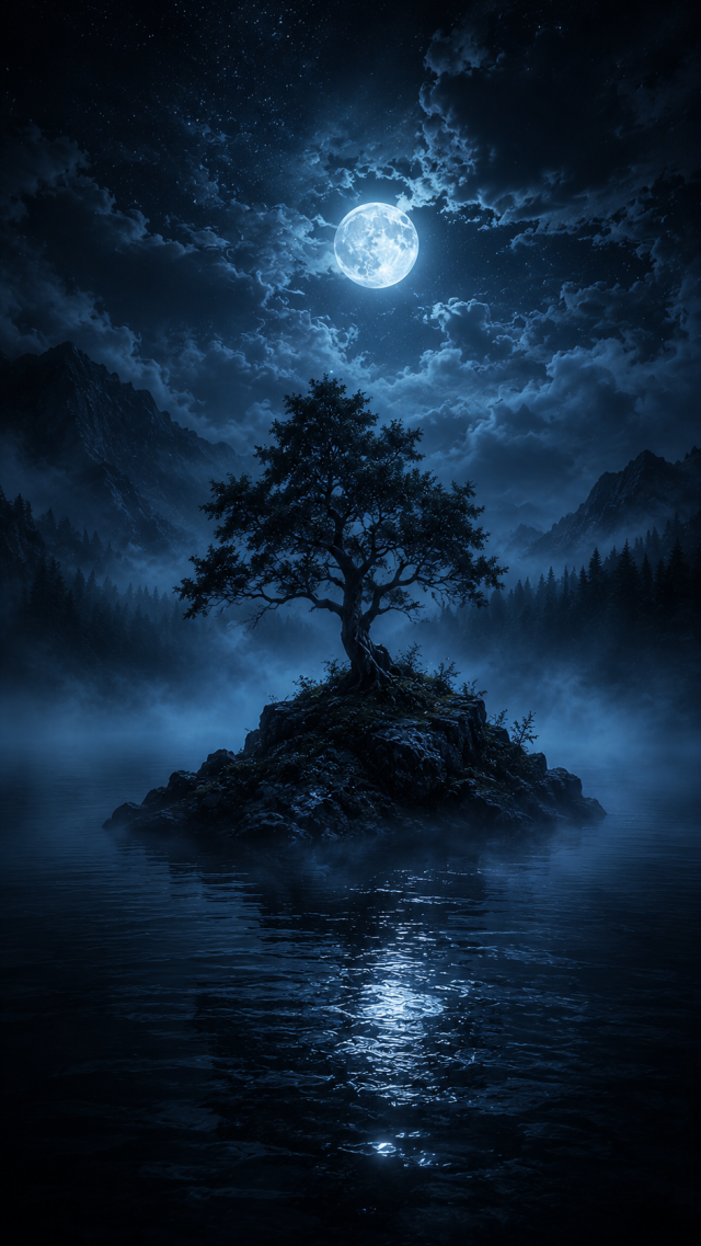 Lone Tree Island under the Moon