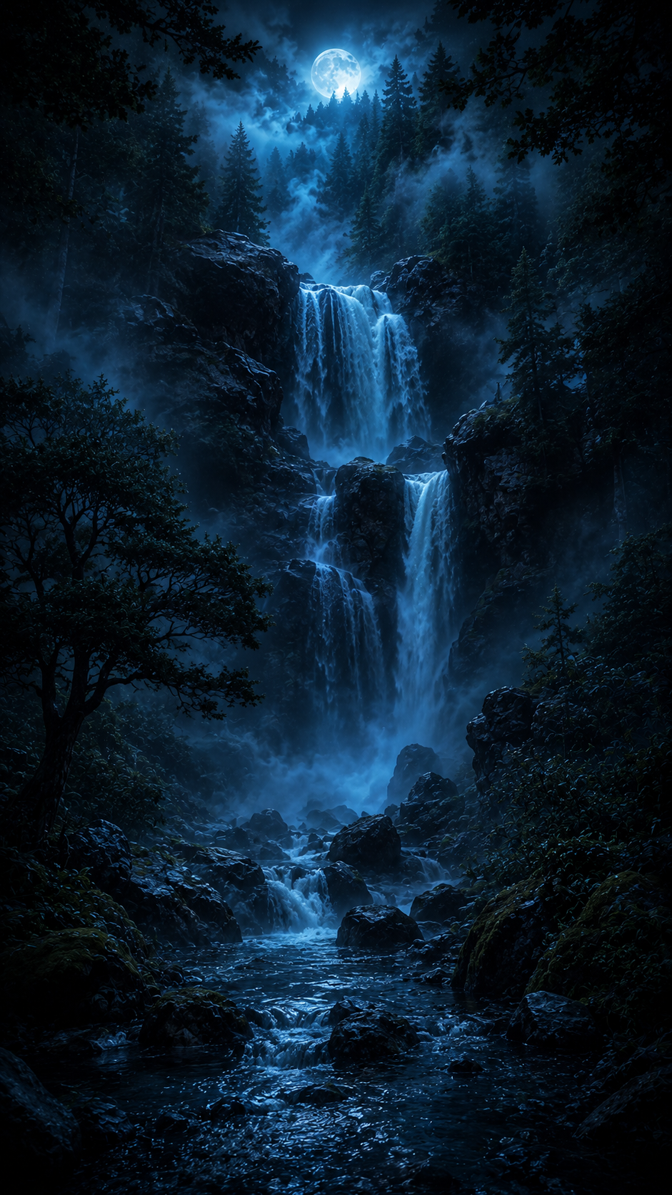 Waterfall under a Full Moon