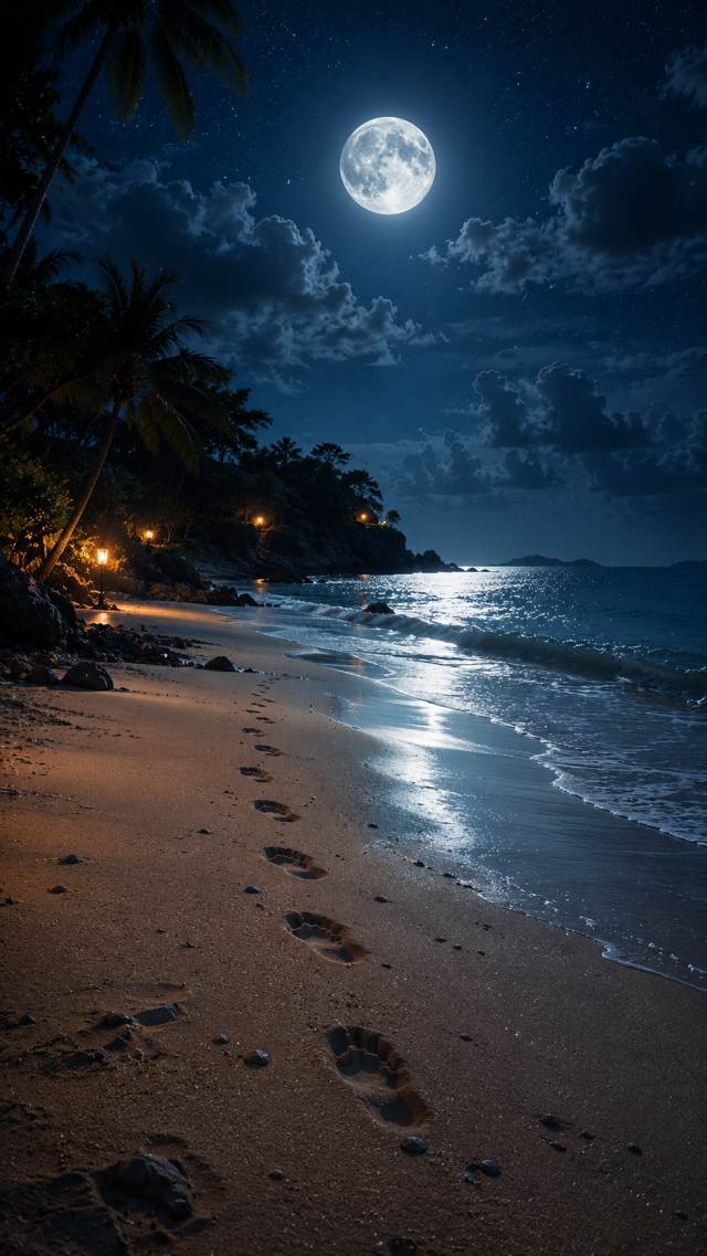 Moonlit Tropical Beach with Footprints