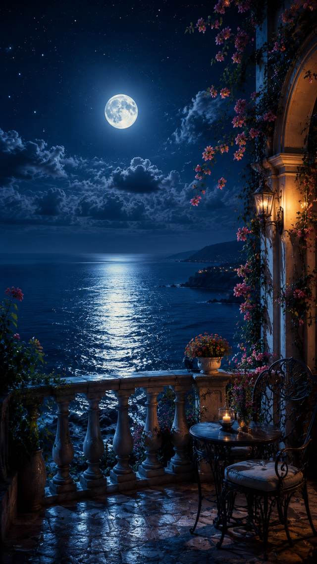 Moonlit Balcony over the Sea