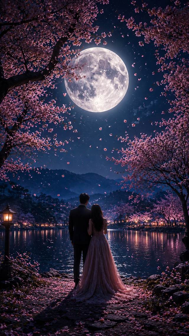 Bride and Groom under Cherry Blossoms and Moonlight
