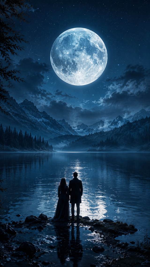 Couple by a Moonlit Mountain Lake