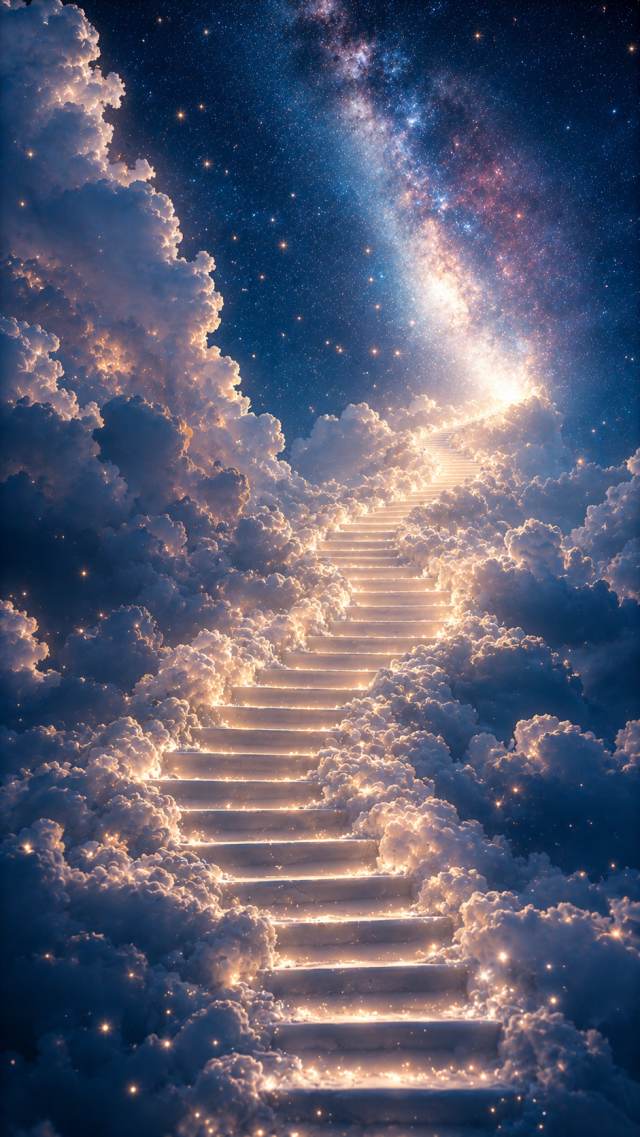 Glowing Stairway Through Clouds and Stars