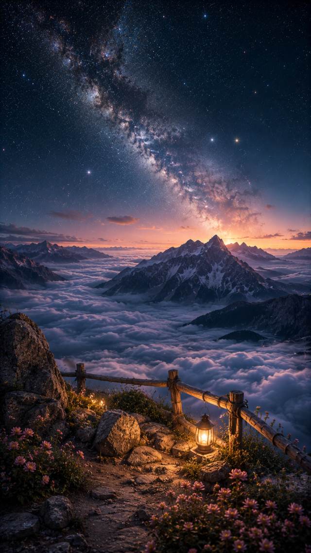Milky Way Mountain Overlook with Lanterns