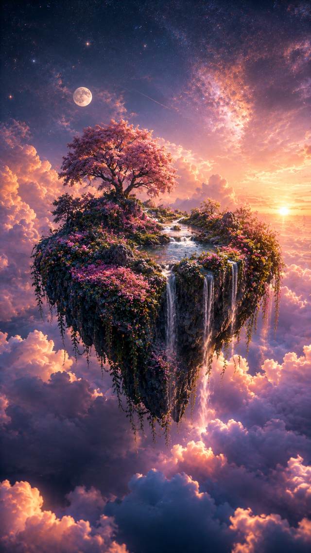 Floating Waterfall Island in the Clouds