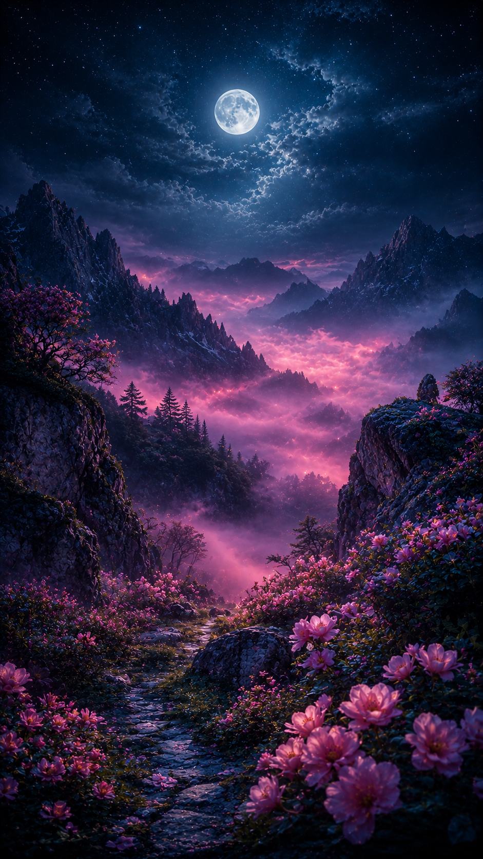Pink Moonlit Mountain Valley with Flowers