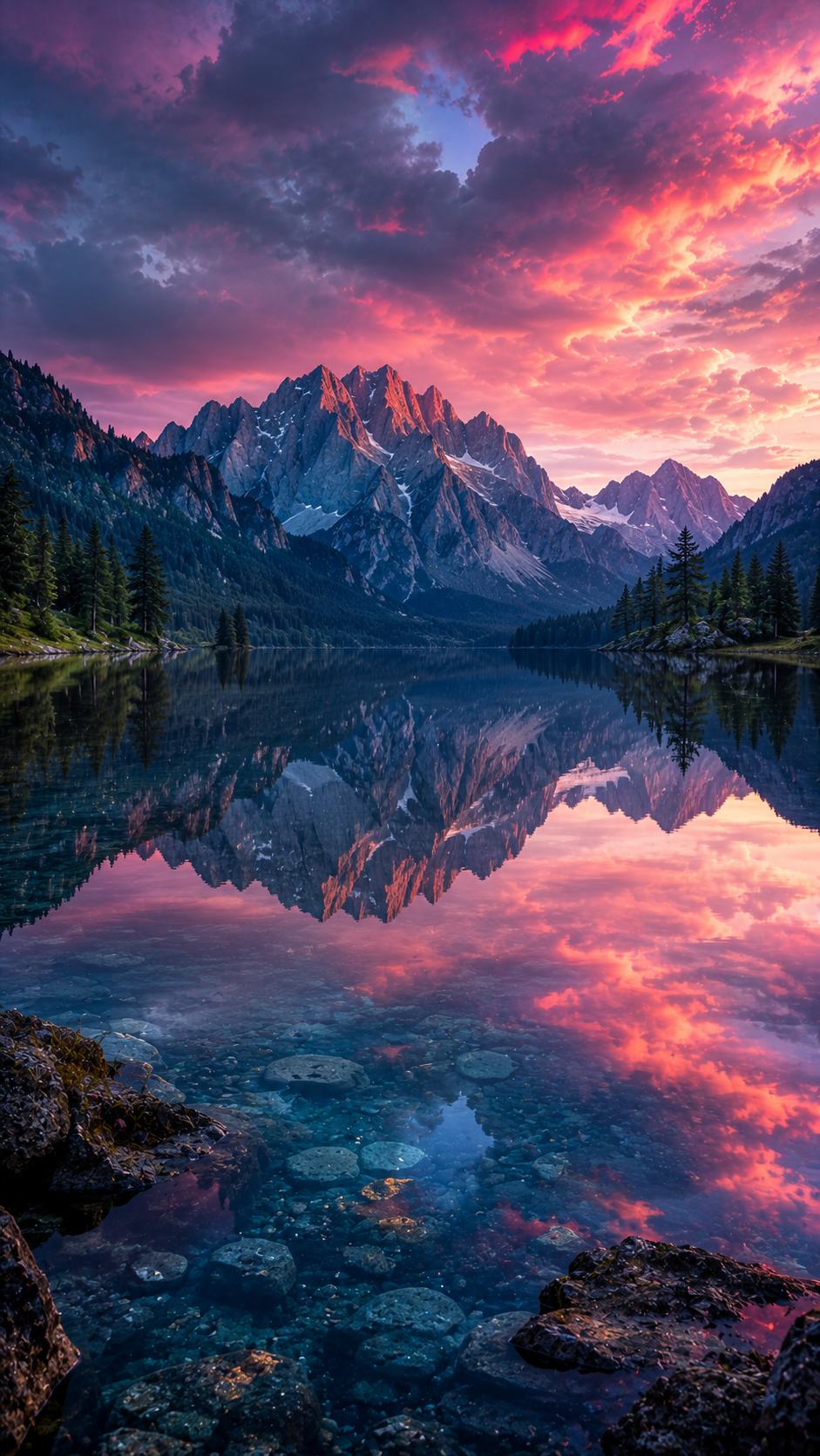Pink Alpine Lake Reflection at Sunset