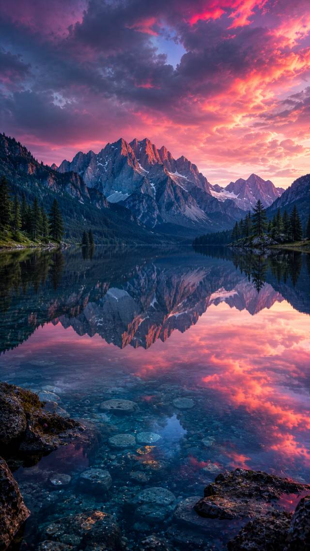 Pink Alpine Lake Reflection at Sunset