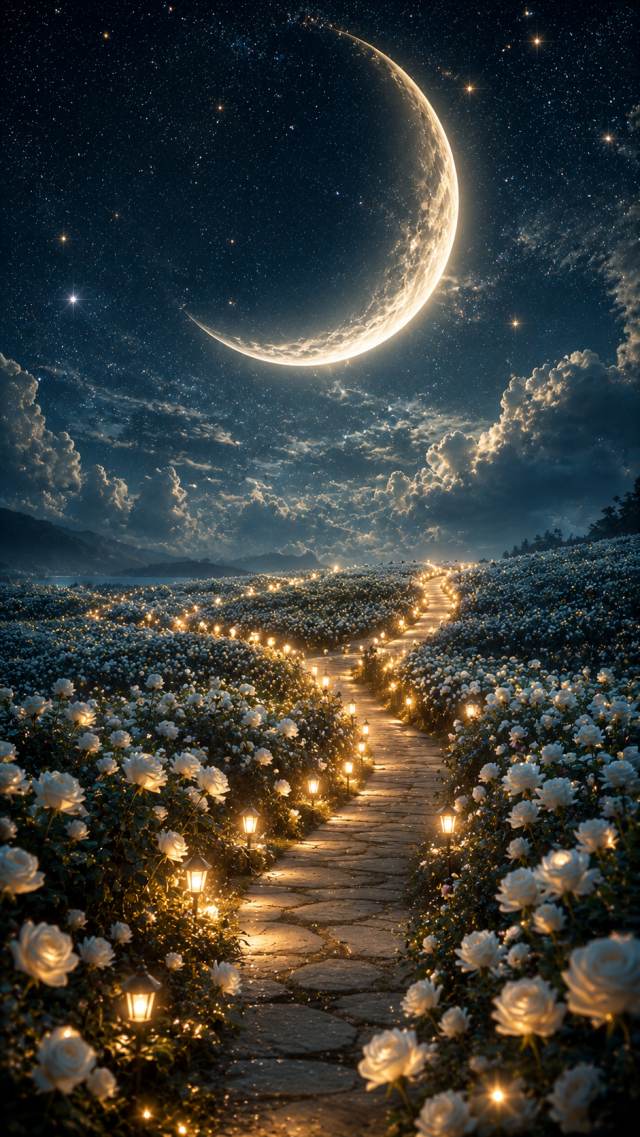 Crescent Moon Flower Path with Lights