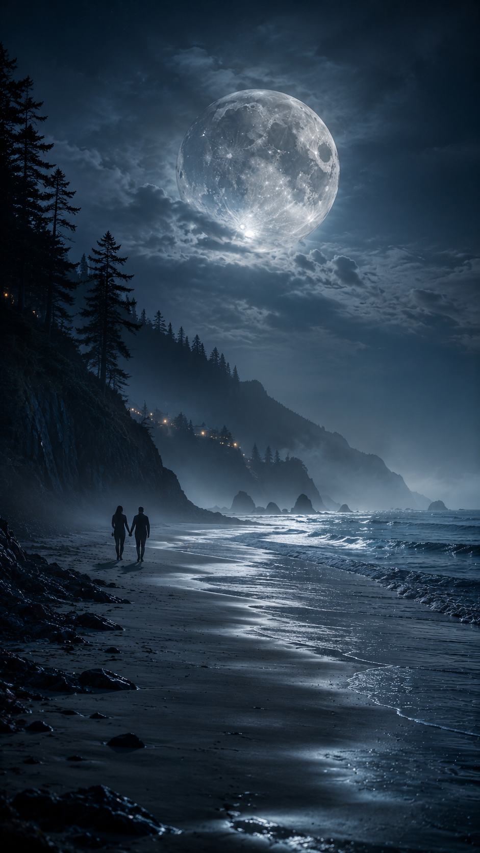 Couple Walking Along a Moonlit Beach