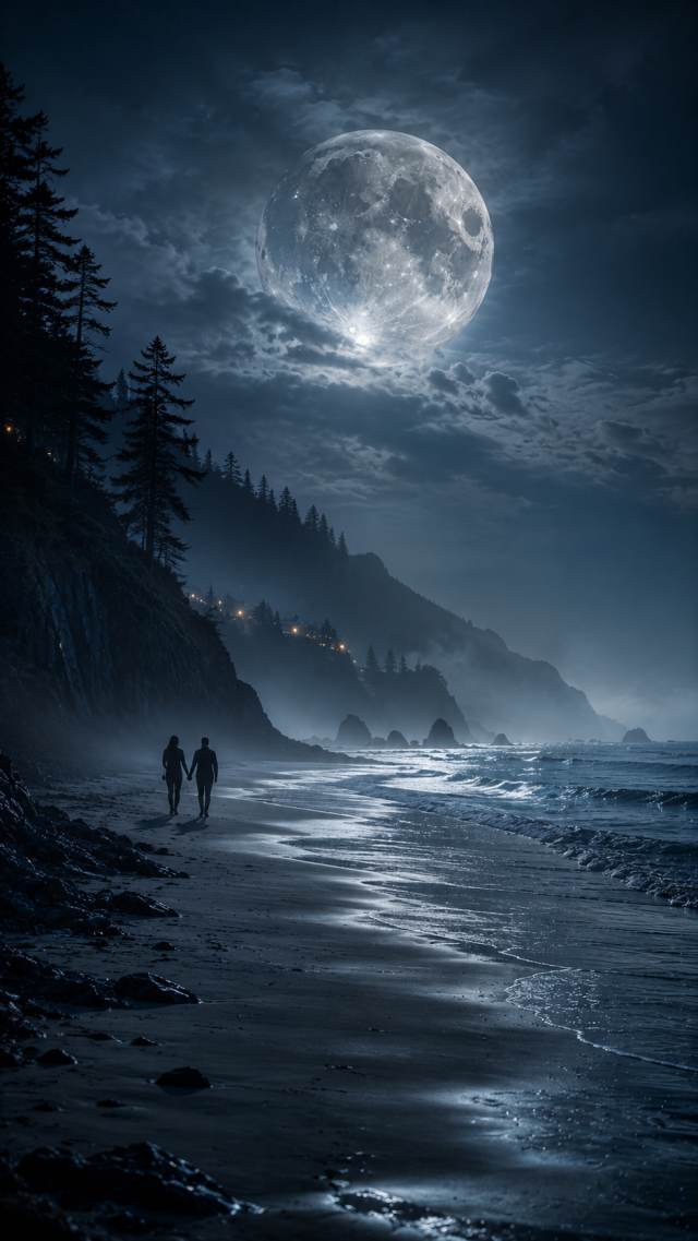 Couple Walking Along a Moonlit Beach