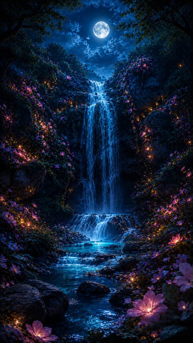 Blue Waterfall in a Moonlit Flower Forest