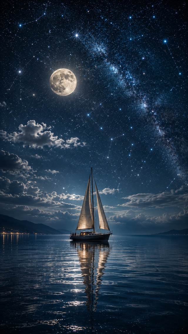 Sailboat under the Moon and Stars