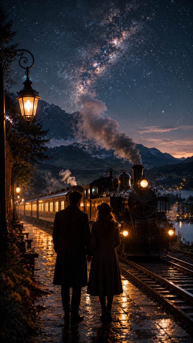 Couple on a Railway Beside a Starry Lake