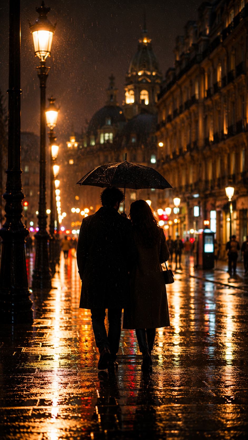 Couple with an Umbrella in Rainy City Lights