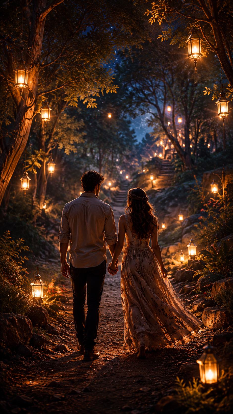 Couple Walking a Lantern Forest Path