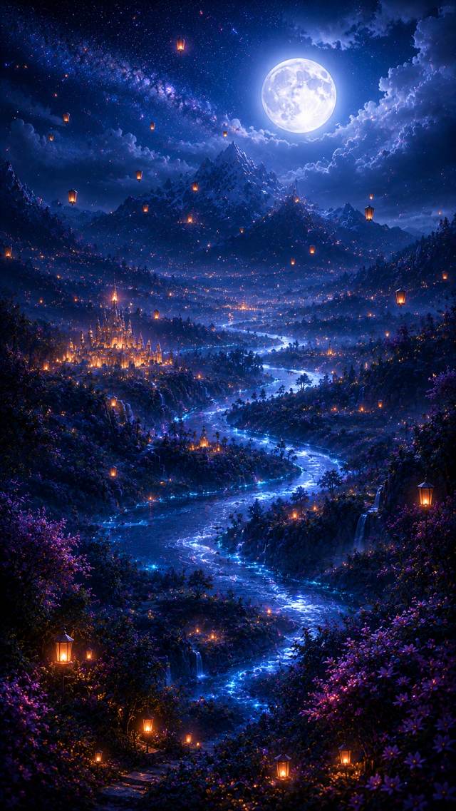 Glowing River Valley under a Full Moon
