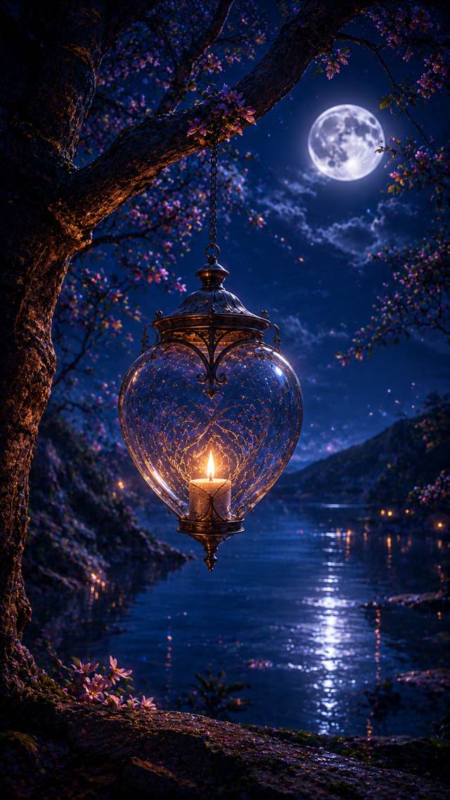 Heart Lantern over a Moonlit Lake