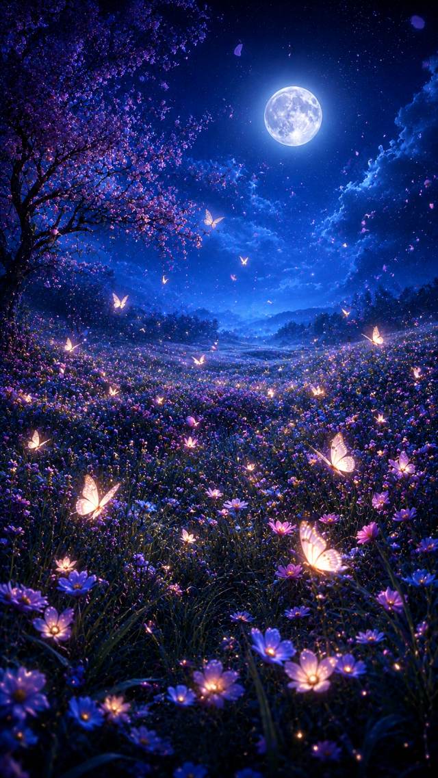 Glowing Flower Meadow under a Full Moon