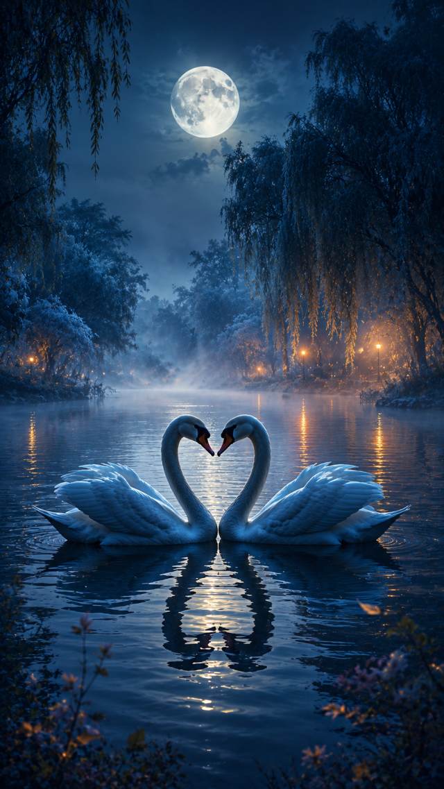 Two Swans Forming a Heart on a Moonlit Lake