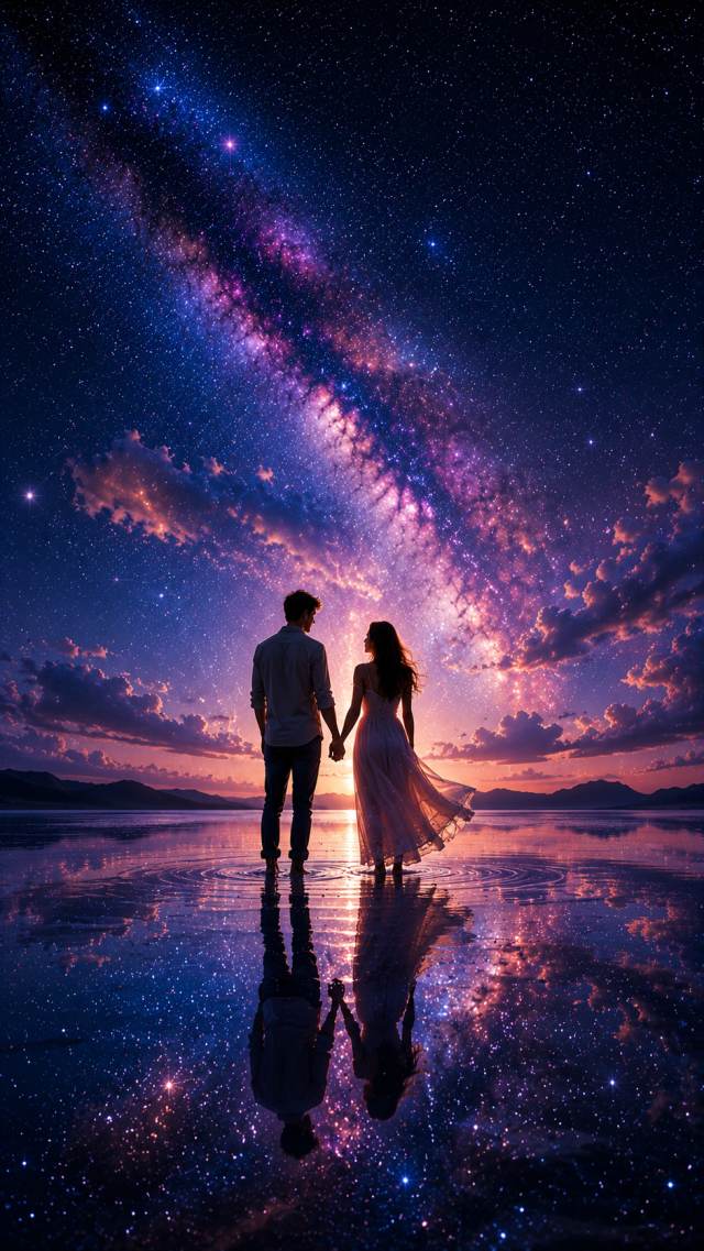 Couple Standing on a Milky Way Beach at Sunset