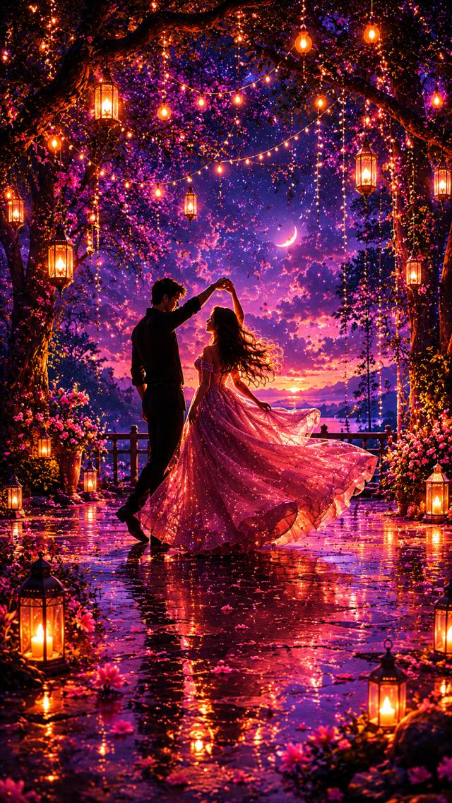 Couple Dancing under Lanterns and a Pink Sky