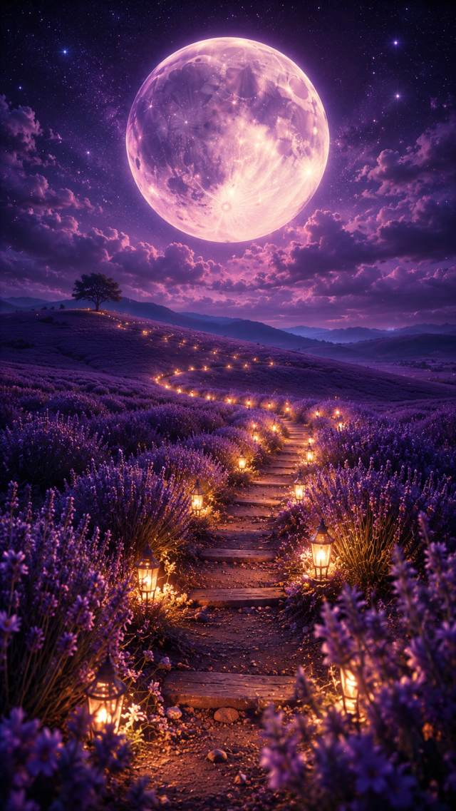 Lavender Path under a Giant Full Moon