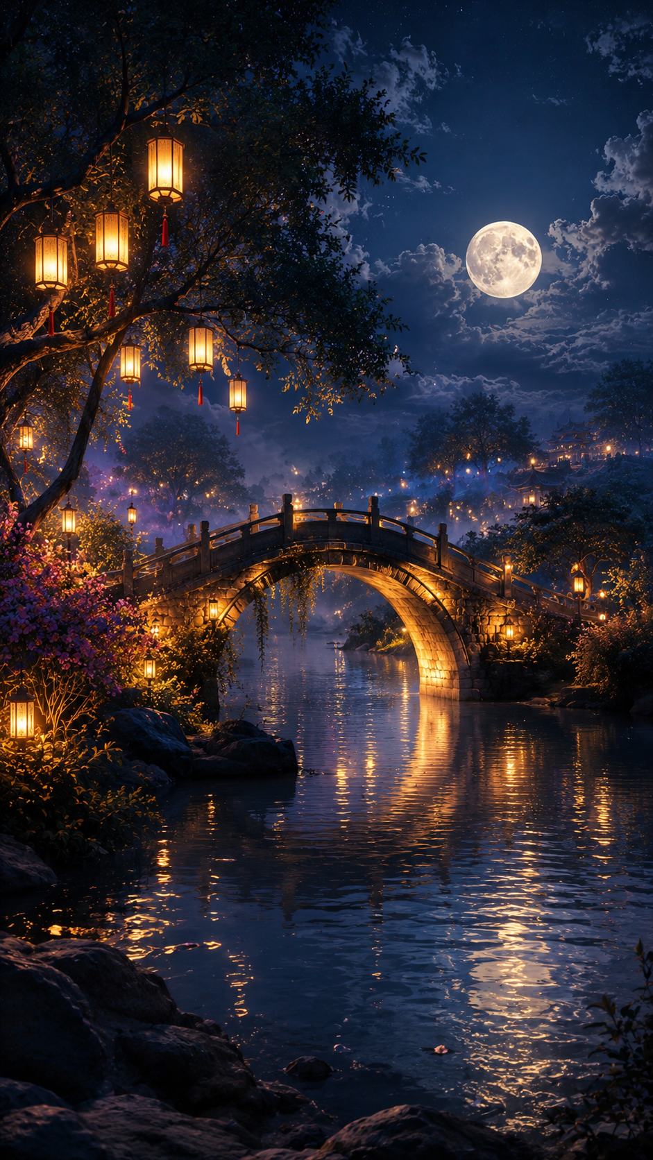 Lantern Bridge over a Moonlit Canal