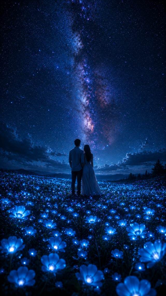Couple in a Glowing Blue Flower Field under the Milky Way