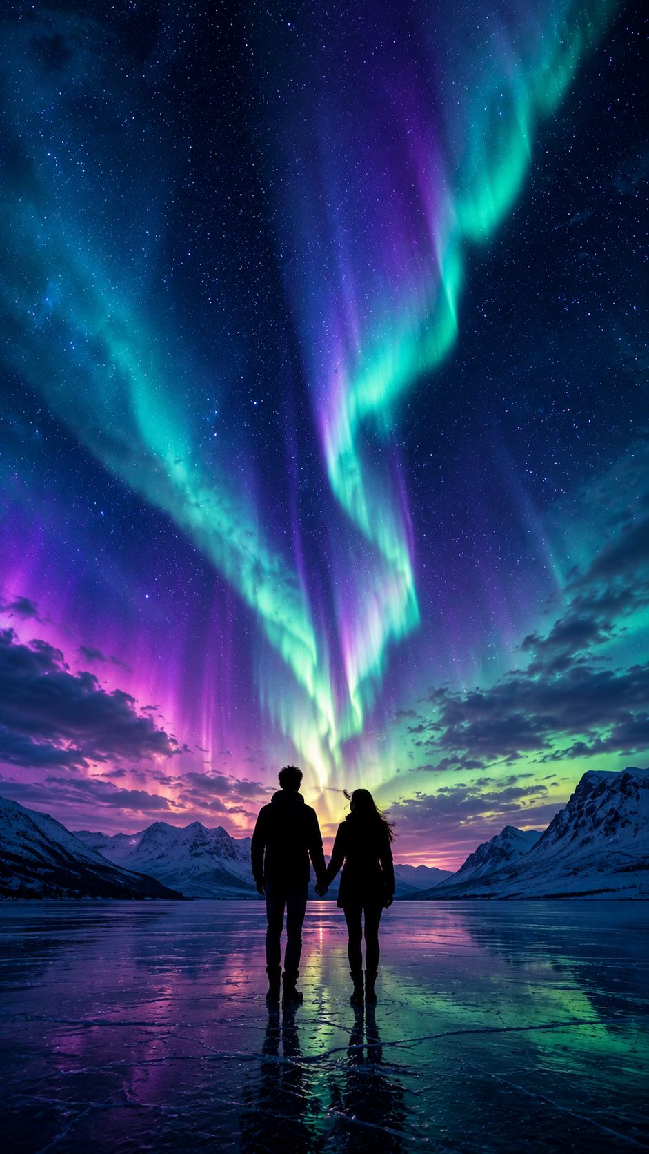 Couple under Aurora Lights by a Lake
