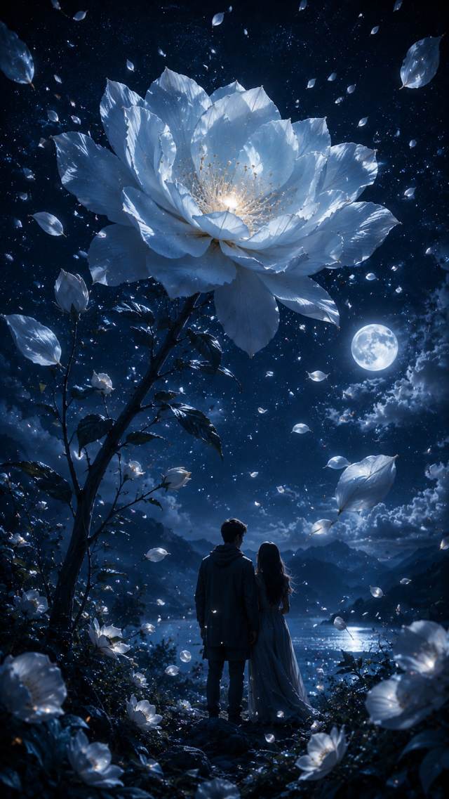 Couple Beneath a White Moonlit Flower