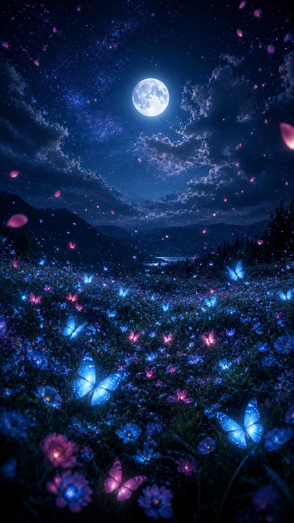 Glowing Butterfly Meadow under the Moon