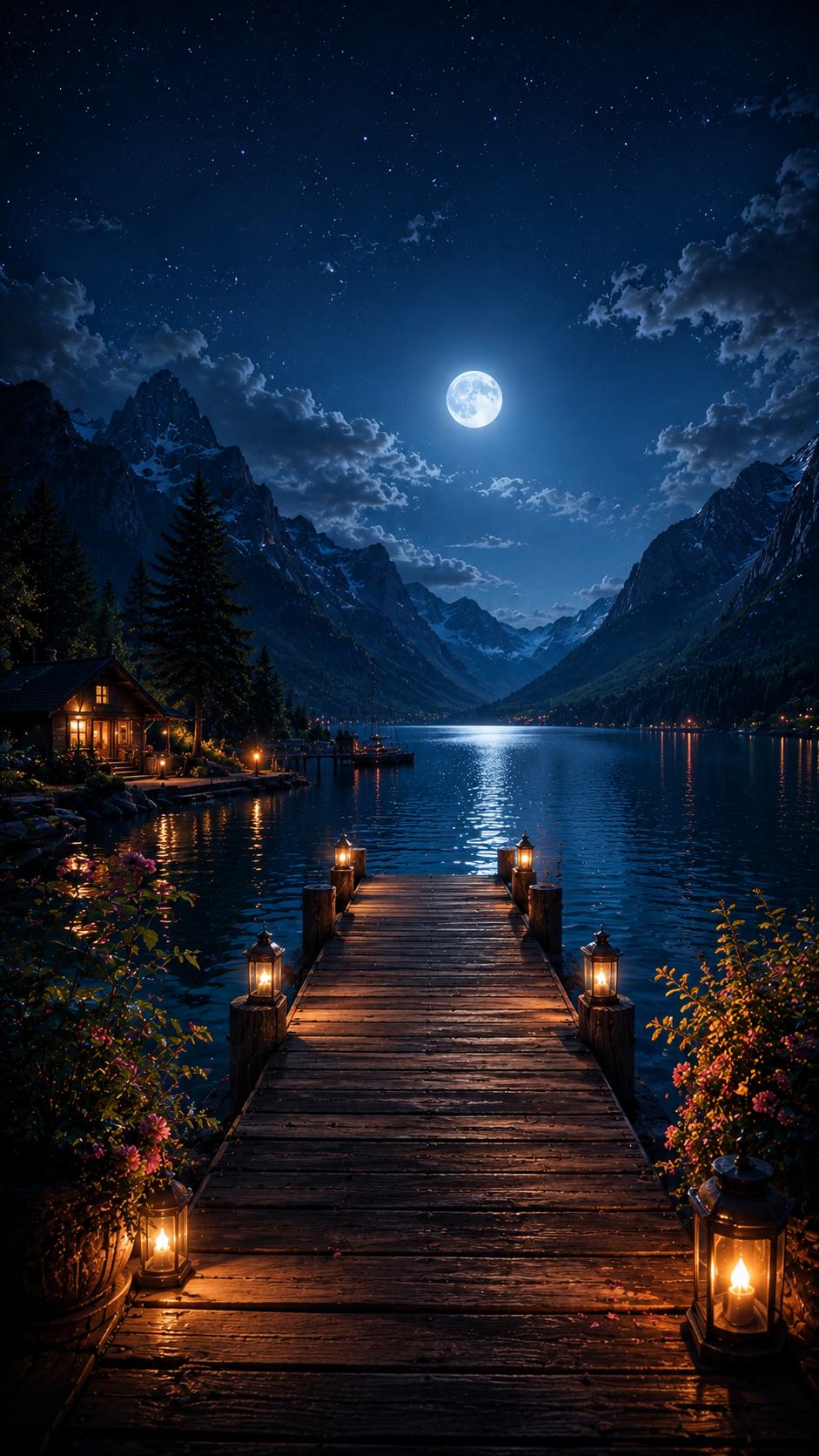 Lantern Dock on a Moonlit Mountain Lake