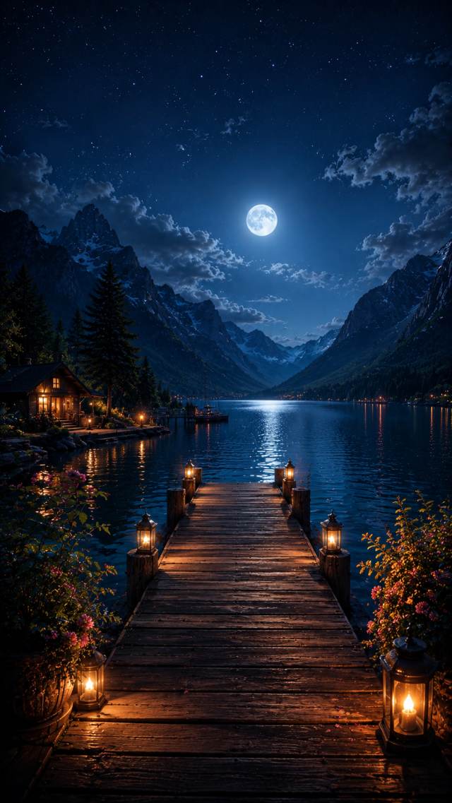Lantern Dock on a Moonlit Mountain Lake