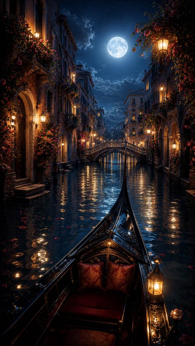 Gondola in a Moonlit Canal