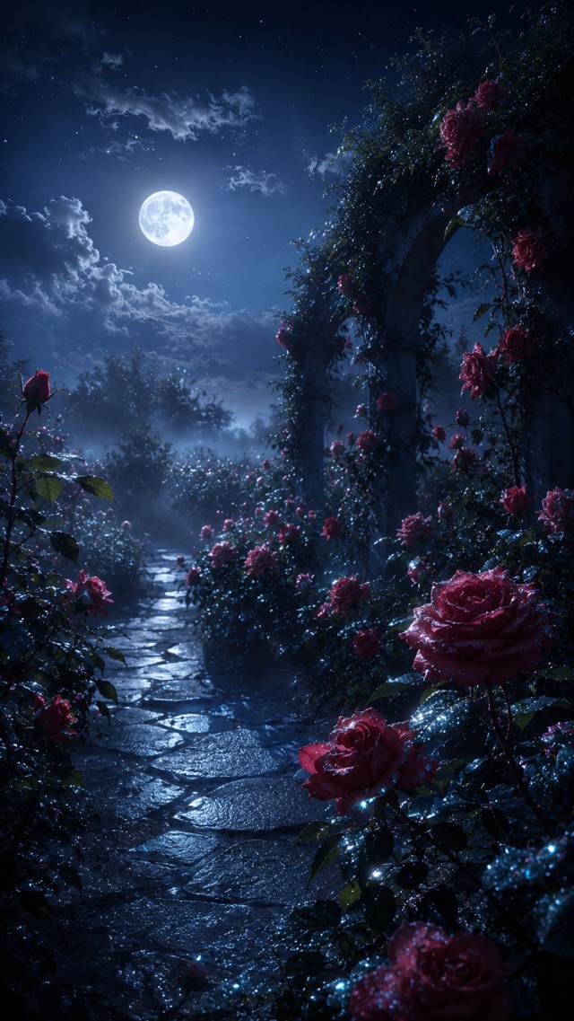 Moonlit Rose Garden Path