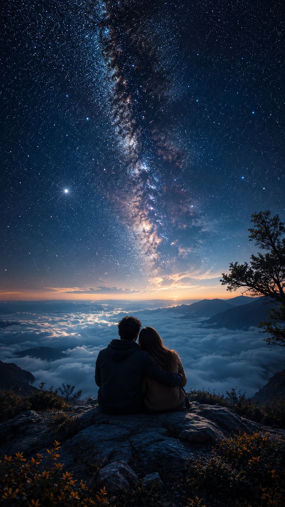 Couple on a Cliff Above Clouds under the Milky Way