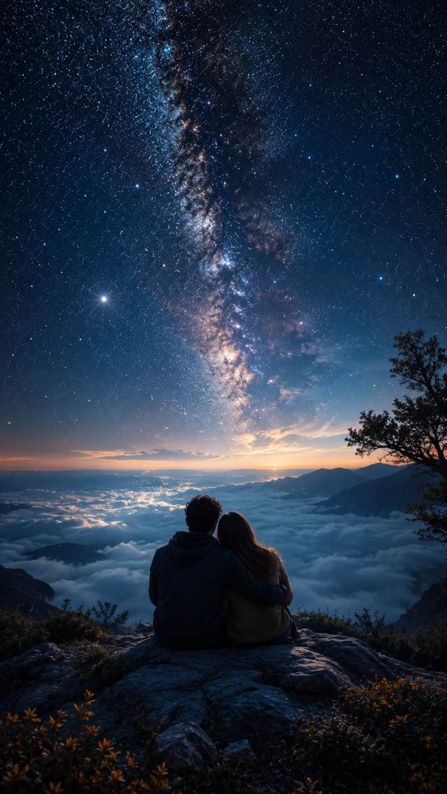 Couple on a Cliff Above Clouds under the Milky Way