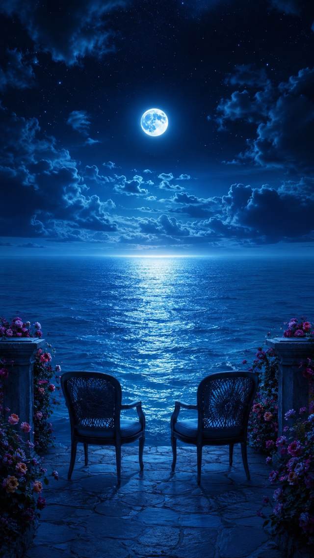 Moonlit Ocean Terrace with Chairs