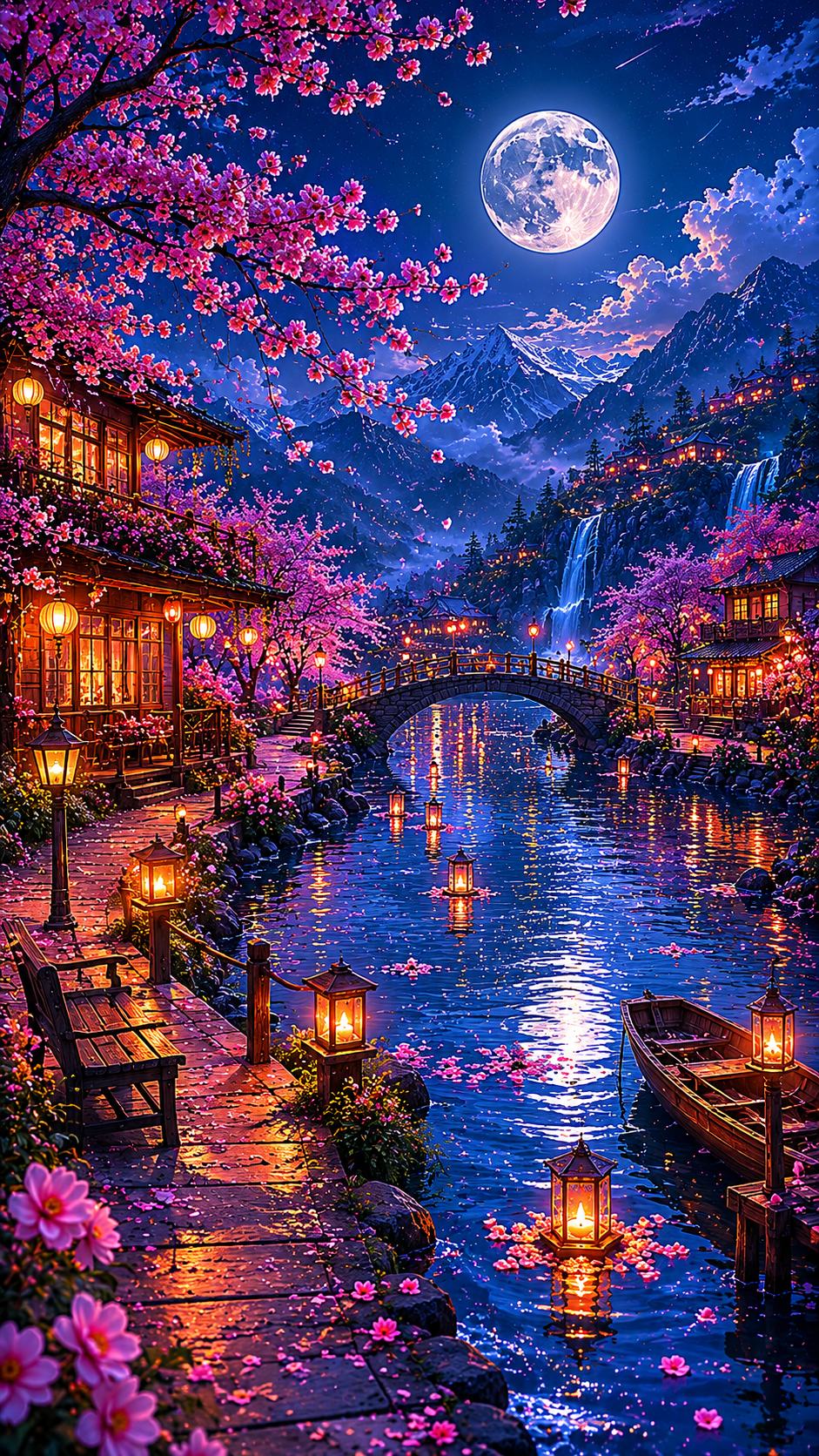 Lantern Canal Village with Cherry Blossoms
